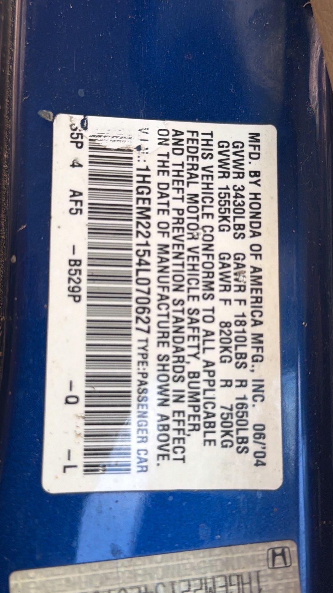 2004 Honda Civic (Blue) - COURT ORDER